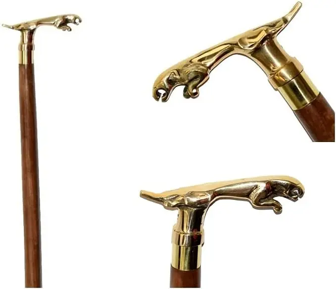 Handcrafted Nautical Brass Animal  Head Handle With Wooden Walking Stick 3 Part Wooden Section Wooden Walking Cane