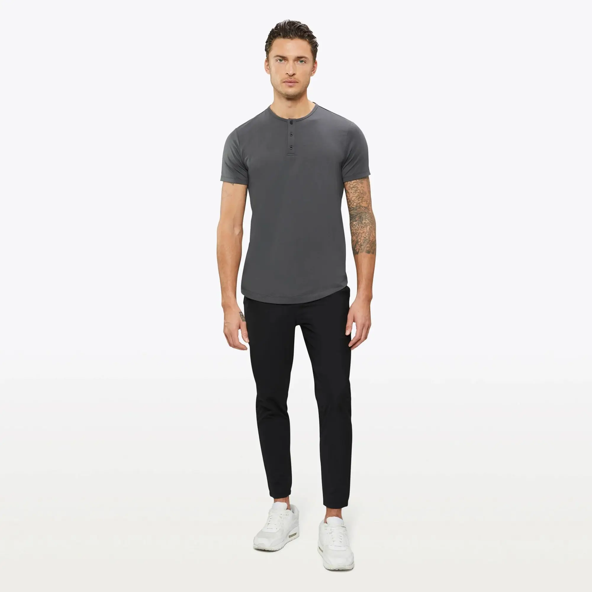 Top Selling Buttery Soft 62% Polyester 33% Cotton 5% Spandex Signature Fit Henley Curve-Hem Graphite Shirt