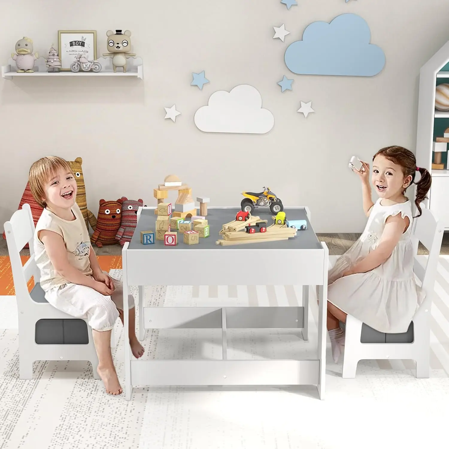 Wholesale Montessori Sensory Table Set Wood Kids Table Chair with White Board Blackboard 3-in-1 Activity Study Table Toddlers
