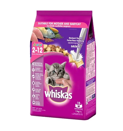 Whiskas Junior Mackerel Wet Cat Food Grain-Free Pet Treat for Adults 1.1kg for Small Dogs and Puppies Features Fishes