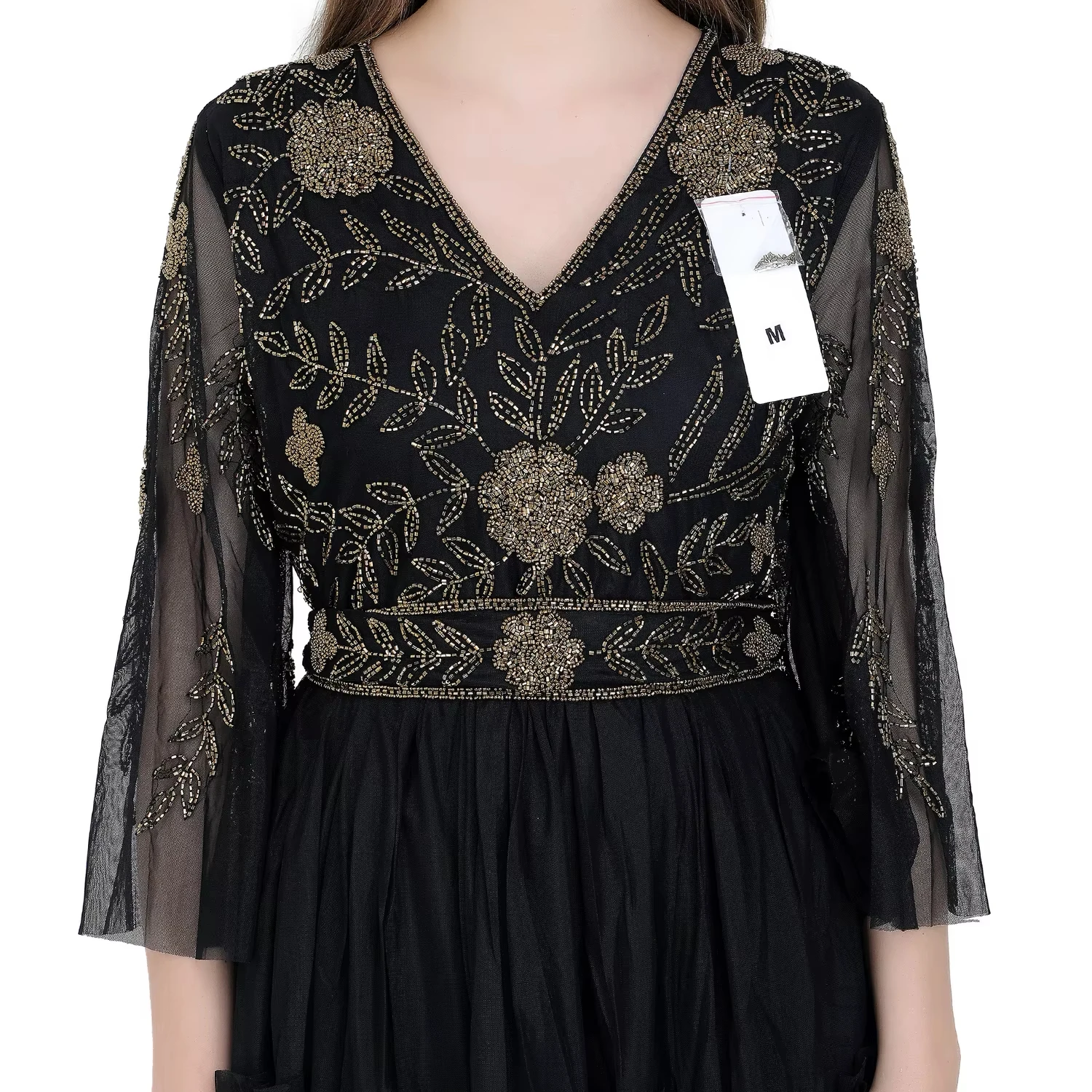 Dance in Style and Grace Party Dress Casual Long Flare Sleeve Cocktail Wedding Birthday Evening Gold Beads Work for Women