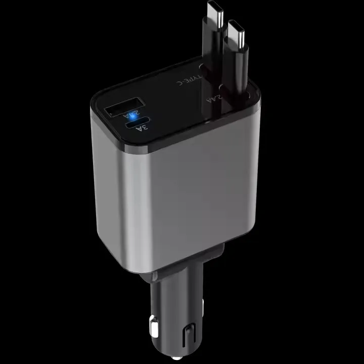 Trend Products 4 In 1 Retractable Fast Car Charger For Phone And Type C Retractable Cables And 2 Charging Ports Charger