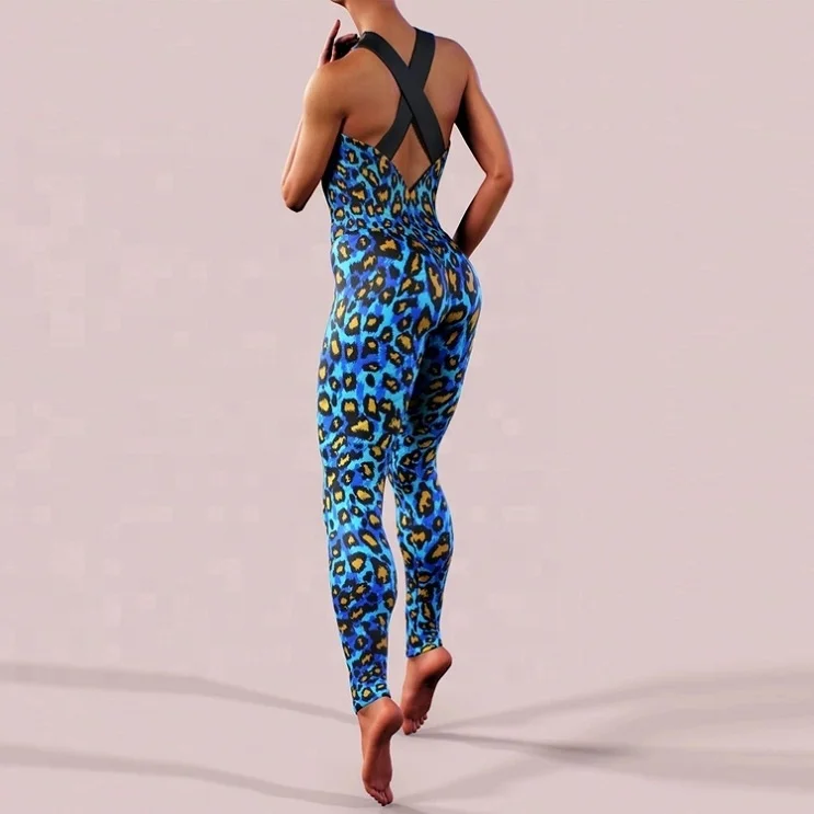 Workout Custom Printed Leopard Pattern Tight Sleeveless Yoga Jumpsuit For Women by Punchin SPorts