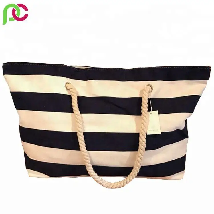 Custom Logo New Fashion XL Large Capacity Ladies Universal Blue Striped Leather Handled Summer Beach Tote Bag for Women