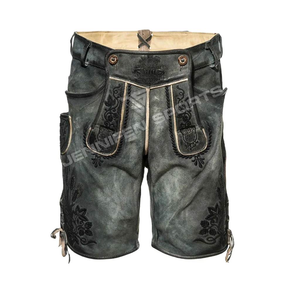 Popular Fashion Bavarian Men Lederhosen Short Cowhide Suede Leather Front Embroidery Sides&Backside Pockets With Belt Loops