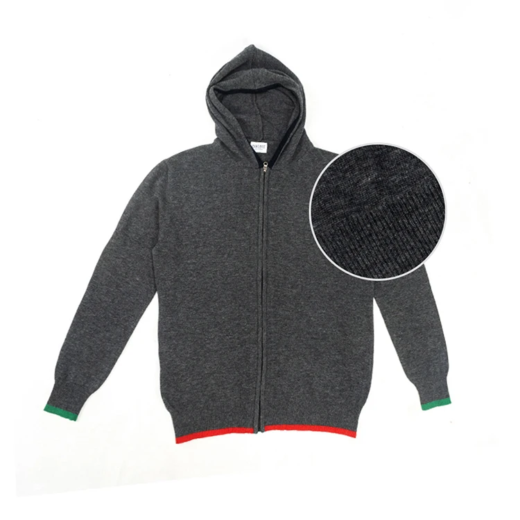 Custom Logo Printed 100% Cashmere Charcoal Grey Flat Knitted Track Jacket with Warm Hood Fancy Long Outdoor Jacket