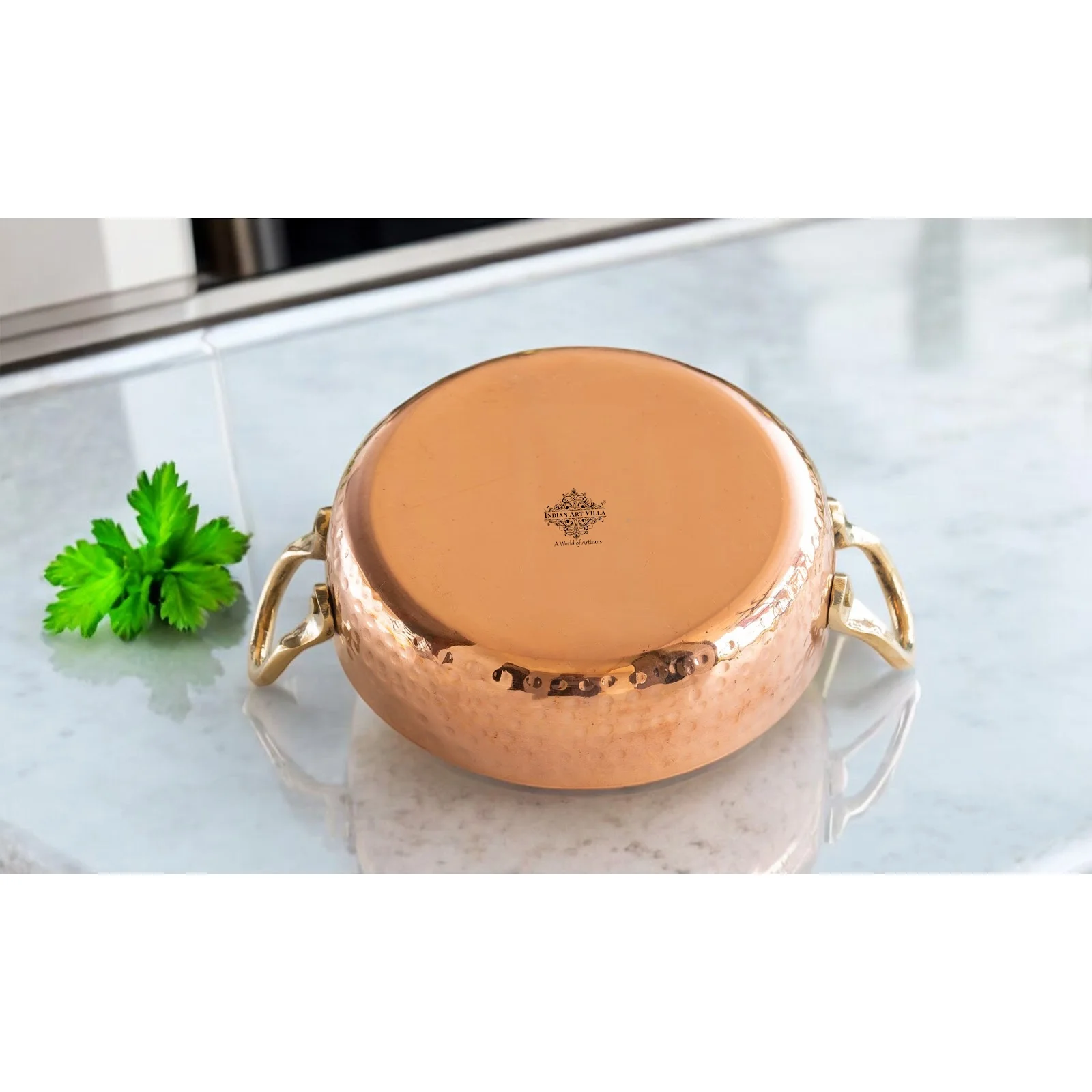 IndianArtVilla Copper Round Dish Double Brass Handle Pan With Tin Lining, 4.4 Inch for Cooking and Serving