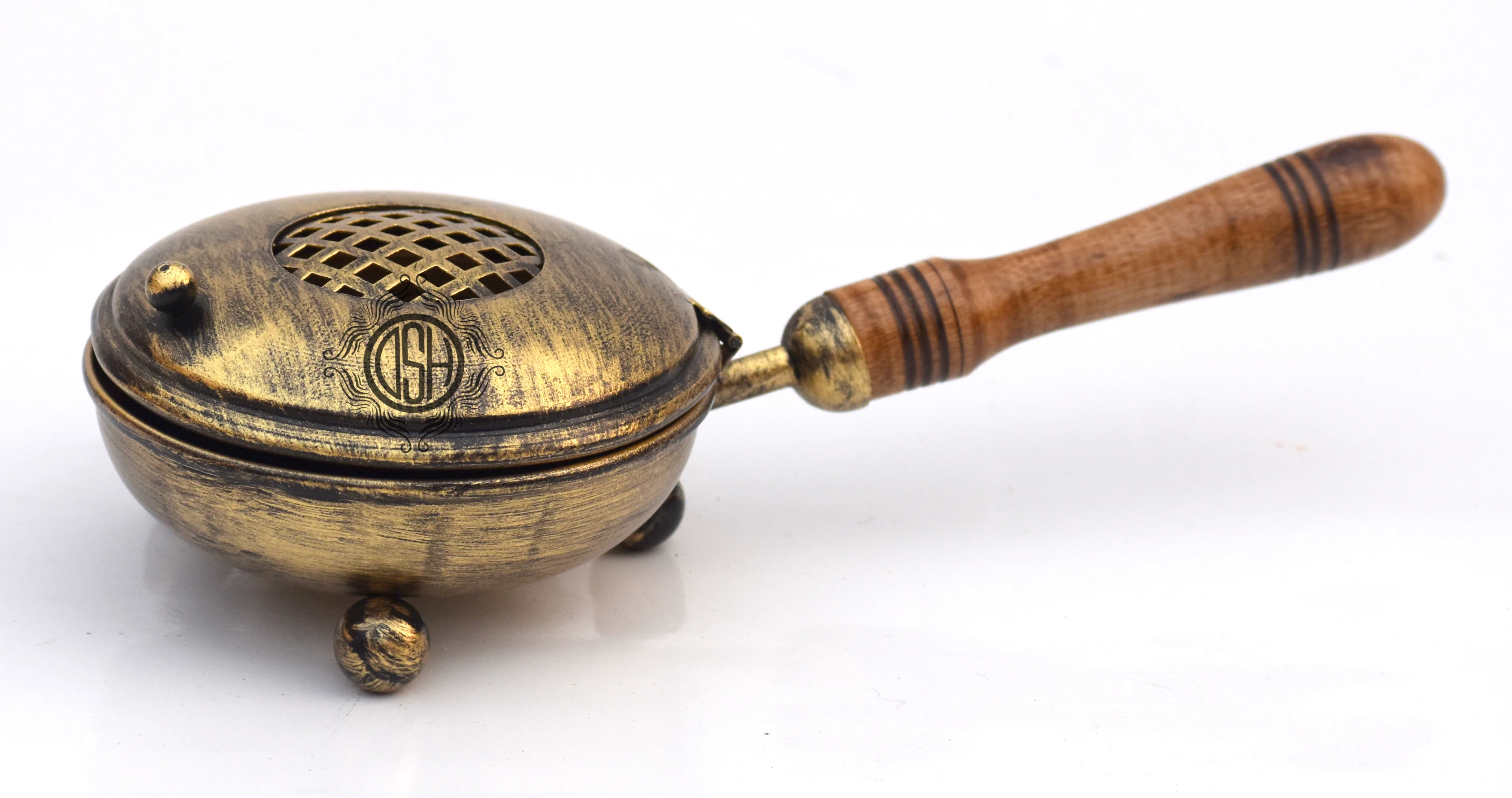 Best Quality Brass Incense Burner with Antique Finish Wooden Handle New round Shaped Aromatherapy Holder for Tea Lavender Scent