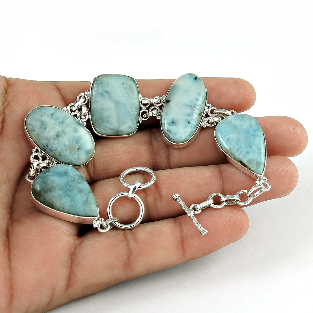 Classic Style Big Stone 925 Sterling Silver Natural Larimar Gemstone Cabochon Shape Bracelet Handmade Jewelry Wholesale Supplier