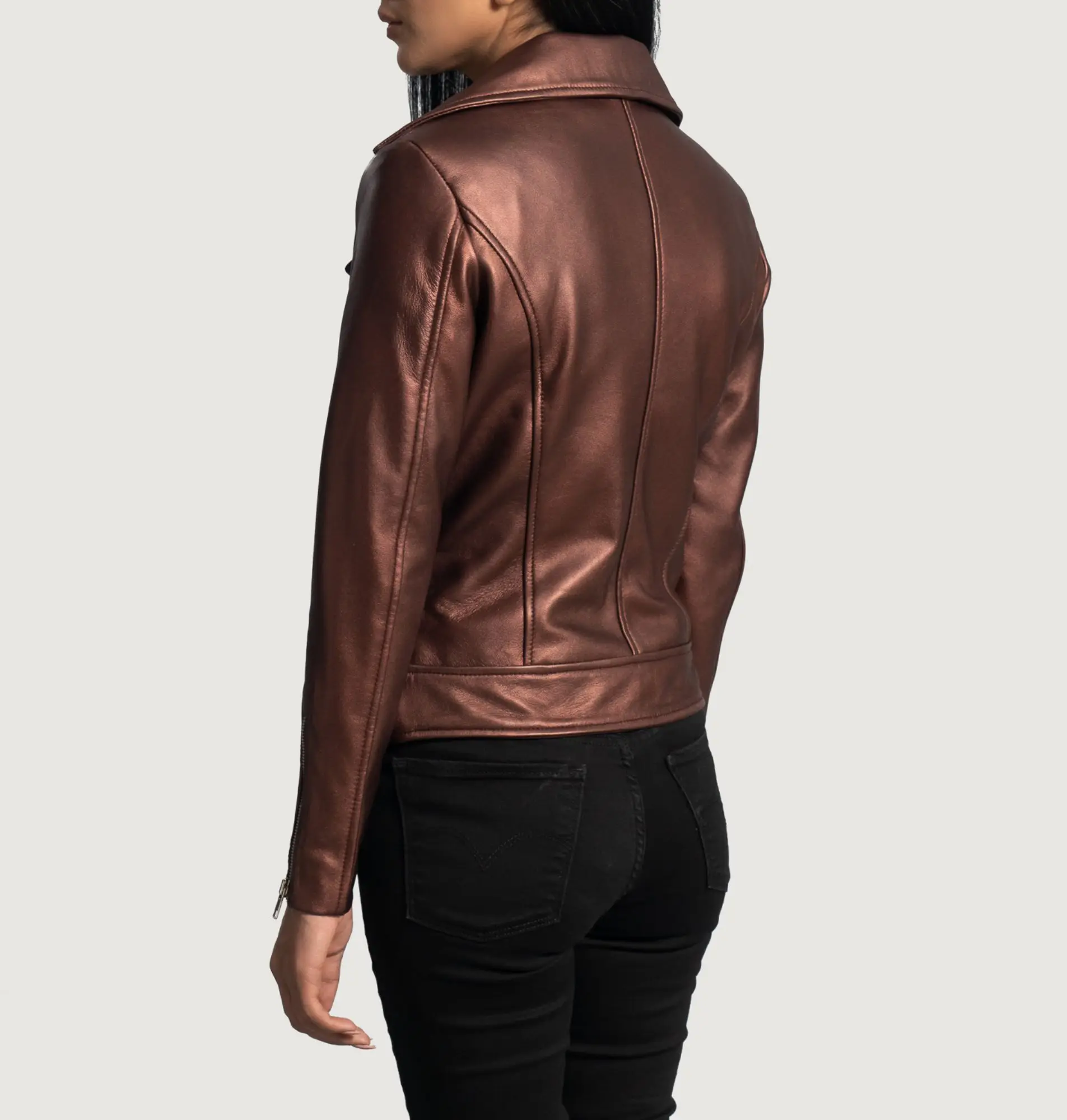 Real Leather Sheepskin Aniline Zipper Rumy Maroon Women Biker Jacket with Quilted Viscose Lining and Inside Outside Pockets