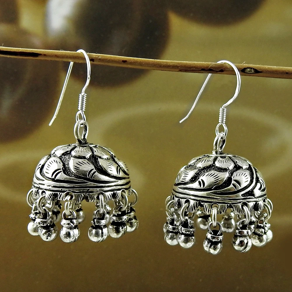 Indian Artisan Handicraft Jewelry 925 Sterling Oxidized Silver Dangle Handmade Jhumka Earrings For Woman Girls Bulk Manufacturer