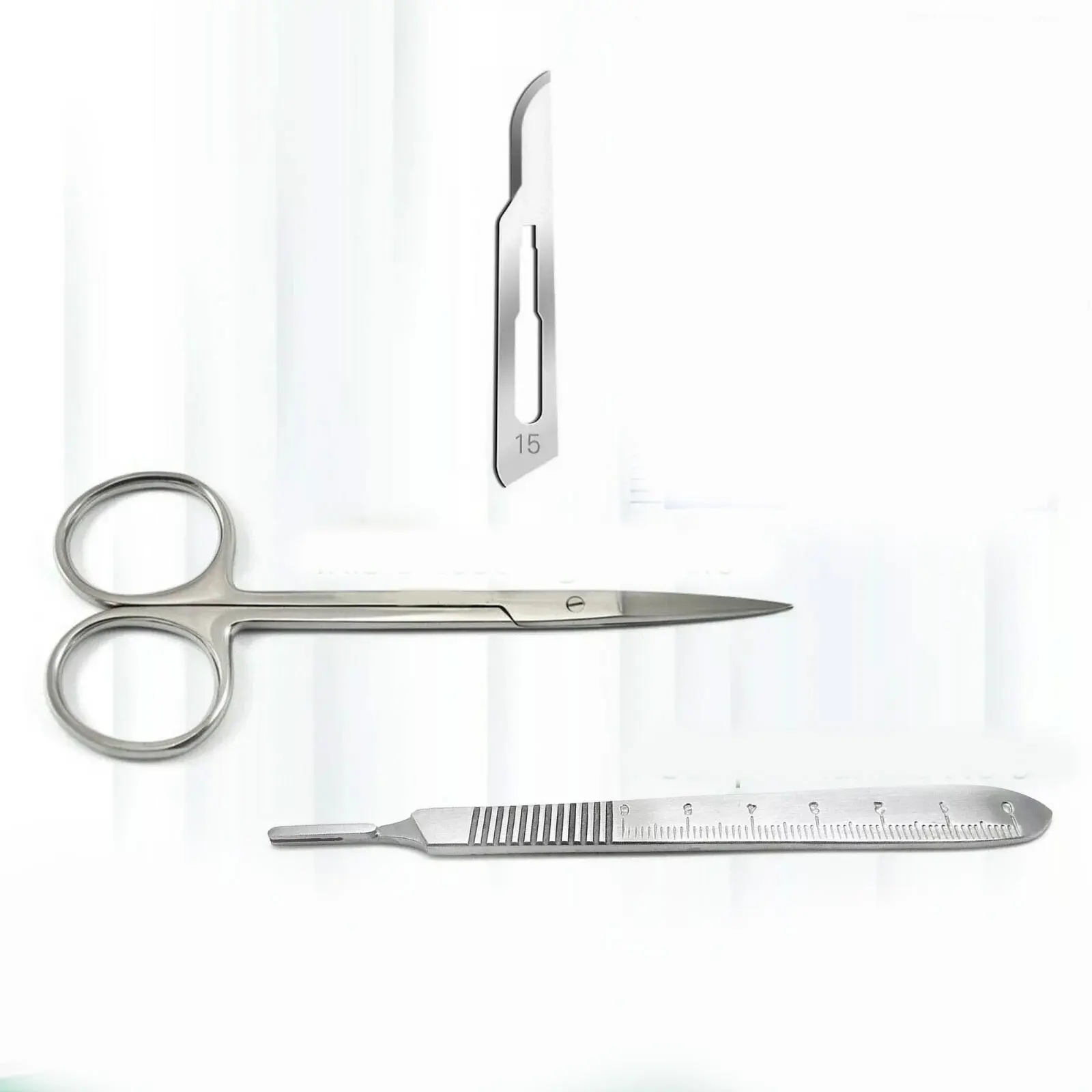 IRIS Micro Scissors Straight 4.5 Inch + Scalpel Handle #3 10 Surgical Blades #15 Stainless Steel Surgical Instruments
