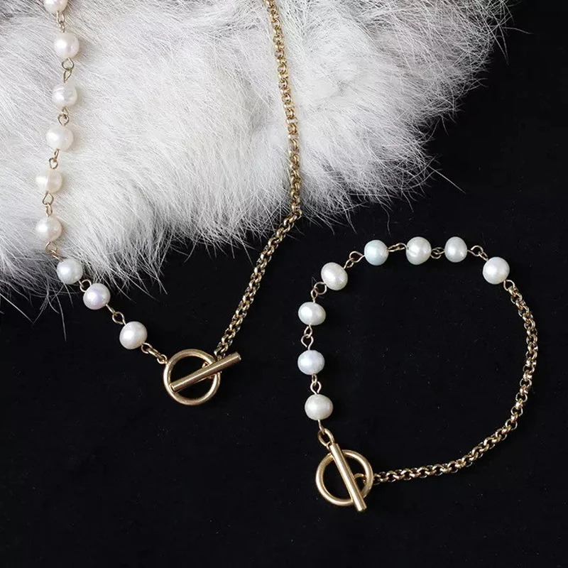 Dainty Fresh Water Pearl Bracelet Women Jewelry Stainless Steel 18K Gold Filled Toggle Clasp Bracelet Femme