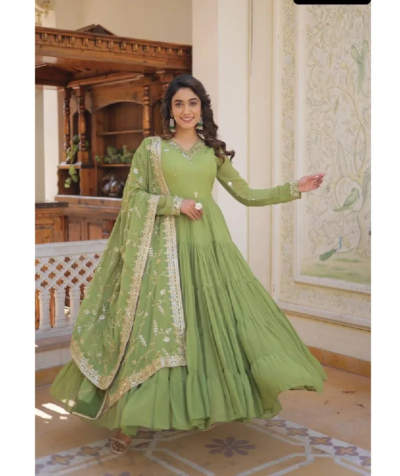 Indian Ethnic Wear  Unique Coloured Faux Georgette with Embroidered Work Ready to Wear Wedding and Festival Wear Indian Gowns