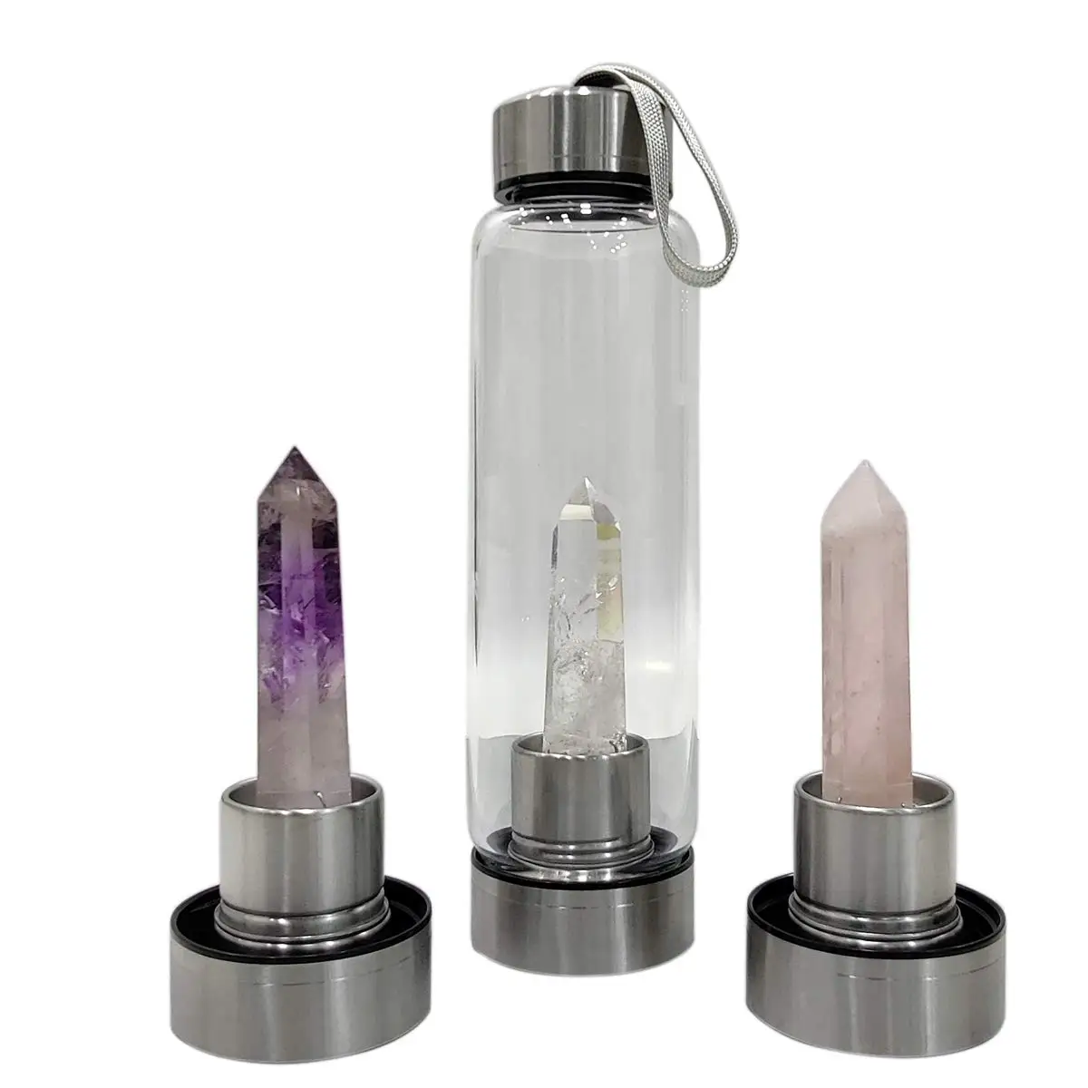 2023 Top Quality Healing Energy Crystal Glass Water Bottle Crystal Infused Elixir Water Bottle, rose quartz mooss agate bottle