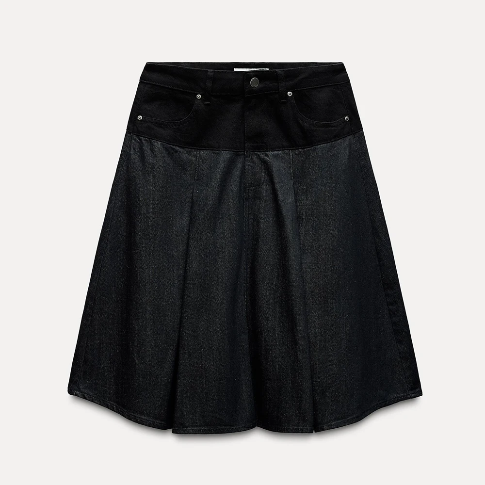 Wholesale Price Pleated Detail With Combination Fabric Women Denim Skirts / Factory Rate Mid Rise Midi Denim Skirts For Women