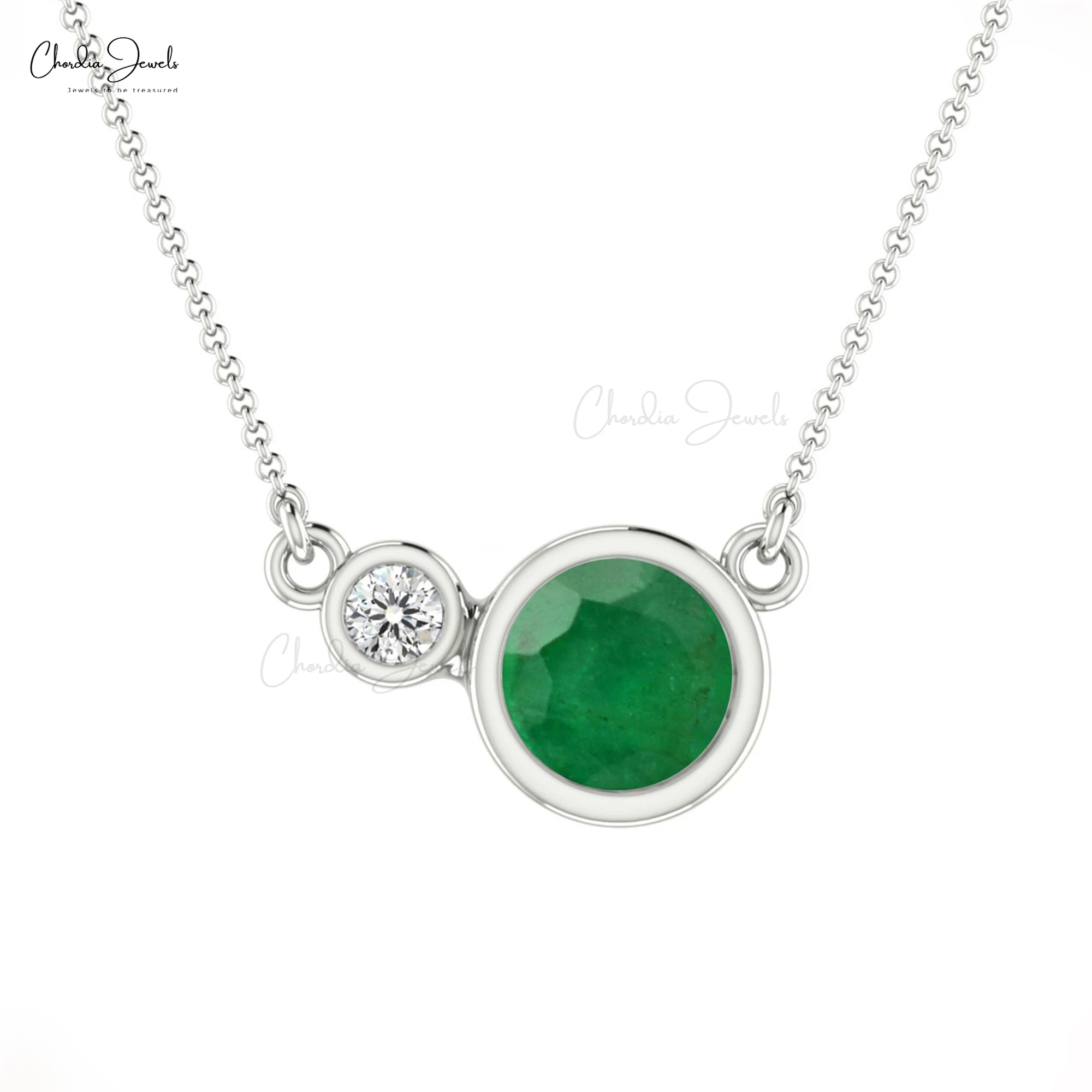Newest Design Natural 5mm Emerald Gemstone Necklace 14K Real Gold Diamond Accented Necklace Bezel Set Necklace At Discount Price