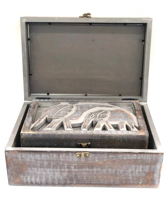 Handmade Hand Carved Wooden Set of 3 Box Elephant Mama Baby Decorative Storage Box