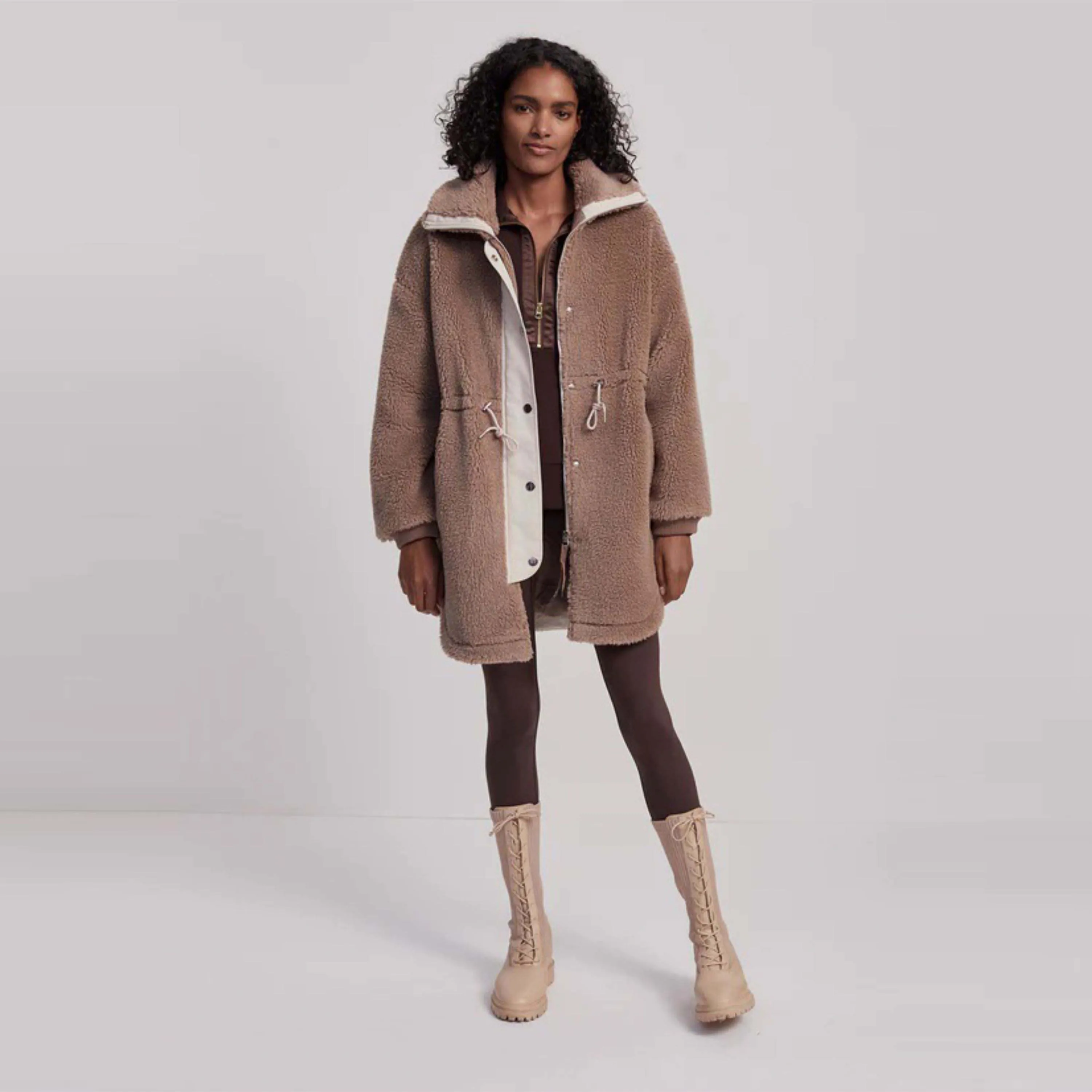 Fashionable High-Collar Pine bark Sherpa Jacket with Snap Button Closure Perfect for Casual Winter Wear