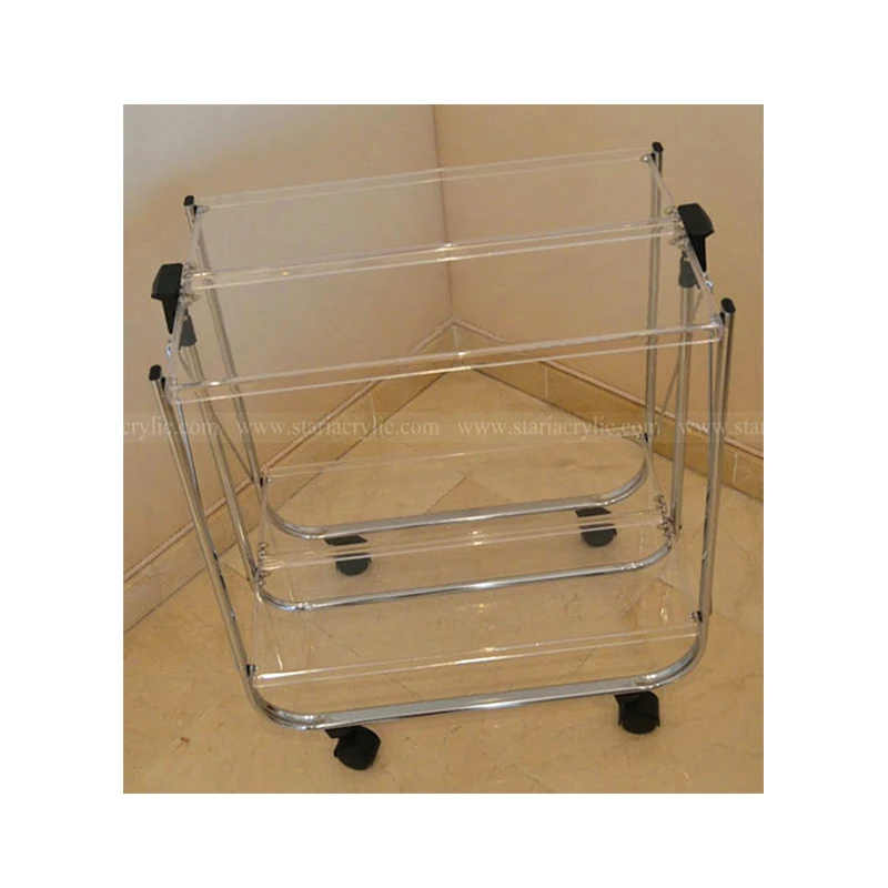 Foldable Acrylic Trolley with Flexible Wheels 2 Tiers Acrylic Serving Trolley Clear Hotel Bar Carts for Versatile Storage
