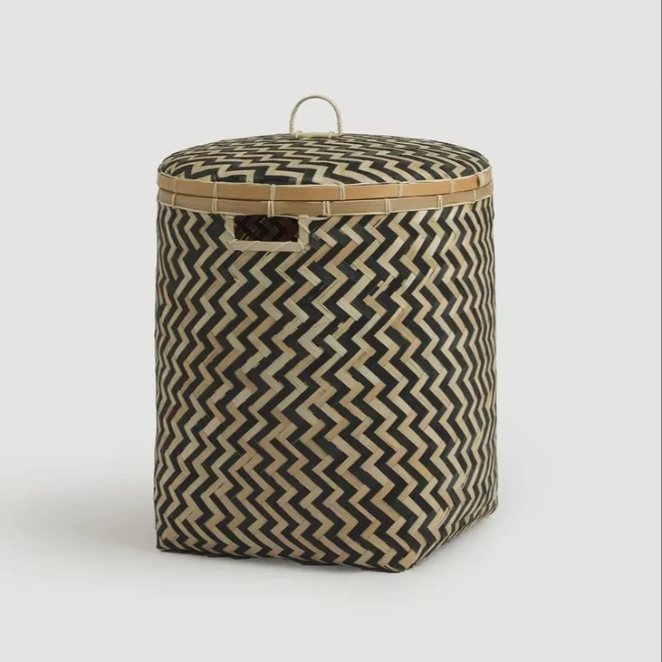 TRUNGHOA Laundry Bamboo Basket Rustic Black and White Large Size Bins with Lid Clothes Organiser Garden Livngroom Decoration