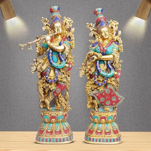 Big Brass Radha Krishna Idol Murli Krishan Radha Bhagwan Statue Murti Gift for Home Mandir Decor Religious Marriage Gift 29 Inch