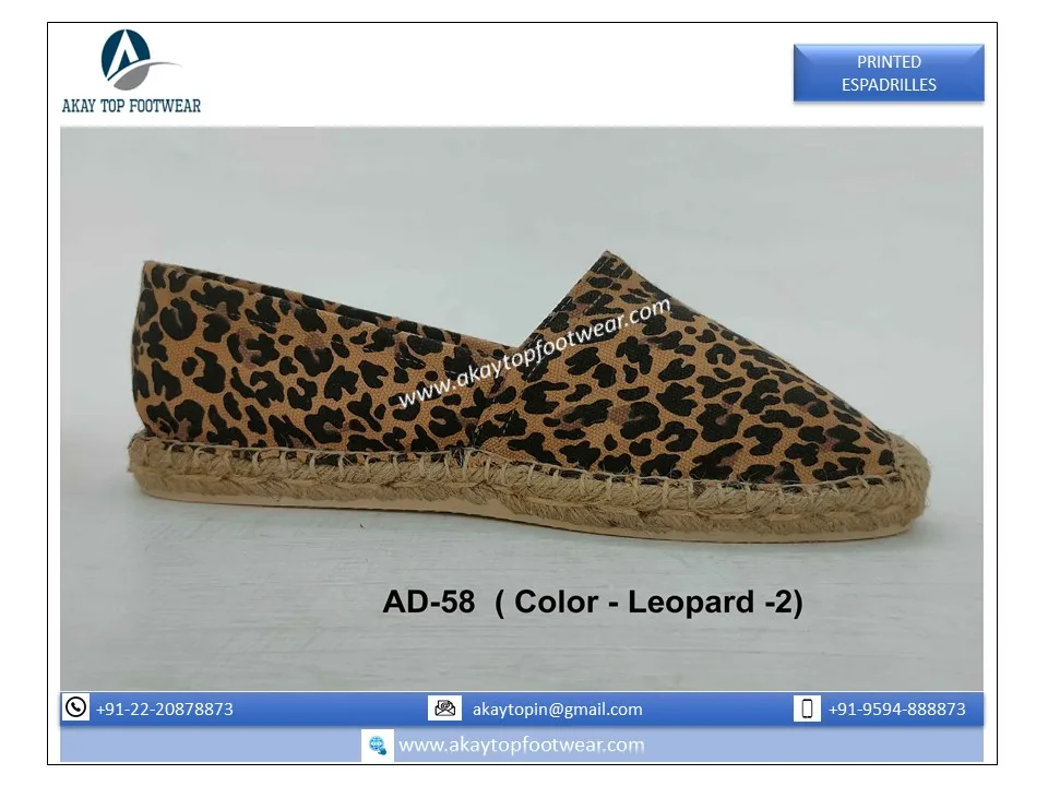 Leopard Printed Walking Style Espadrille Casual Hot Selling Flat Comfortable Jute Sole Vulcanized Rubber Outsole Espadrille Shoe