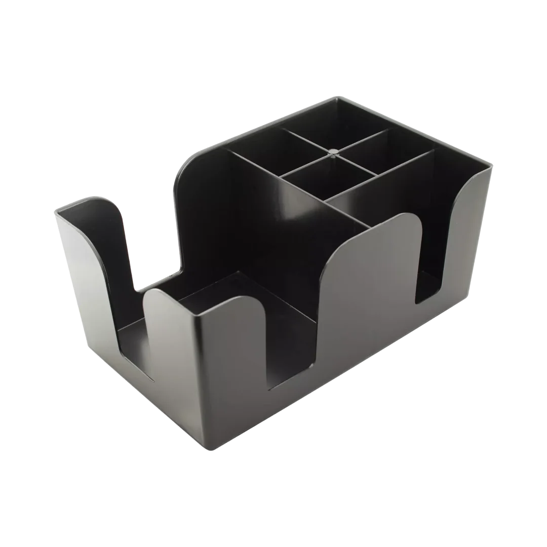 Black Plastic Bar Caddy Organizer with 6 Compartments for Napkins Toothpicks Straws