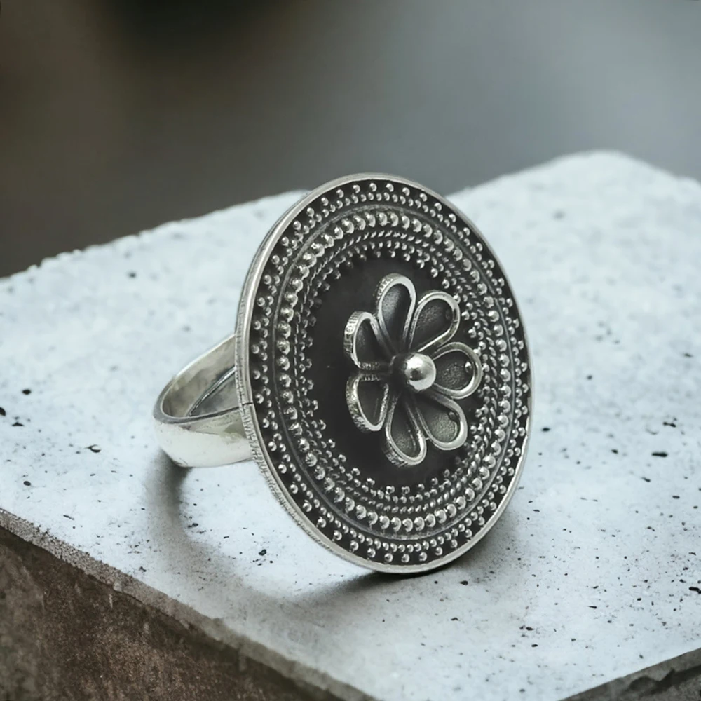 Solid 925 Sterling Oxidized Silver Flower Shape Vintage Look Adjustable Ring Handcrafted Jewelry Direct Factory Price Suppliers