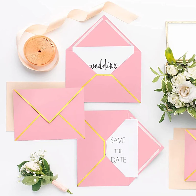 Custom Gold Foil Printing Pearl Pink Paper Envelope For Gift Jewelry Wedding Envelope