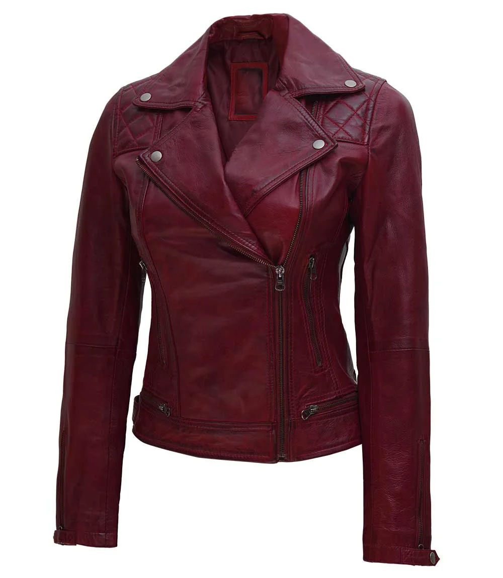 Hot Women Quilted Leather Motorcycle Maroon Jacket customized genuine leather pu leather jackets High Quality Soft Shell Jackets
