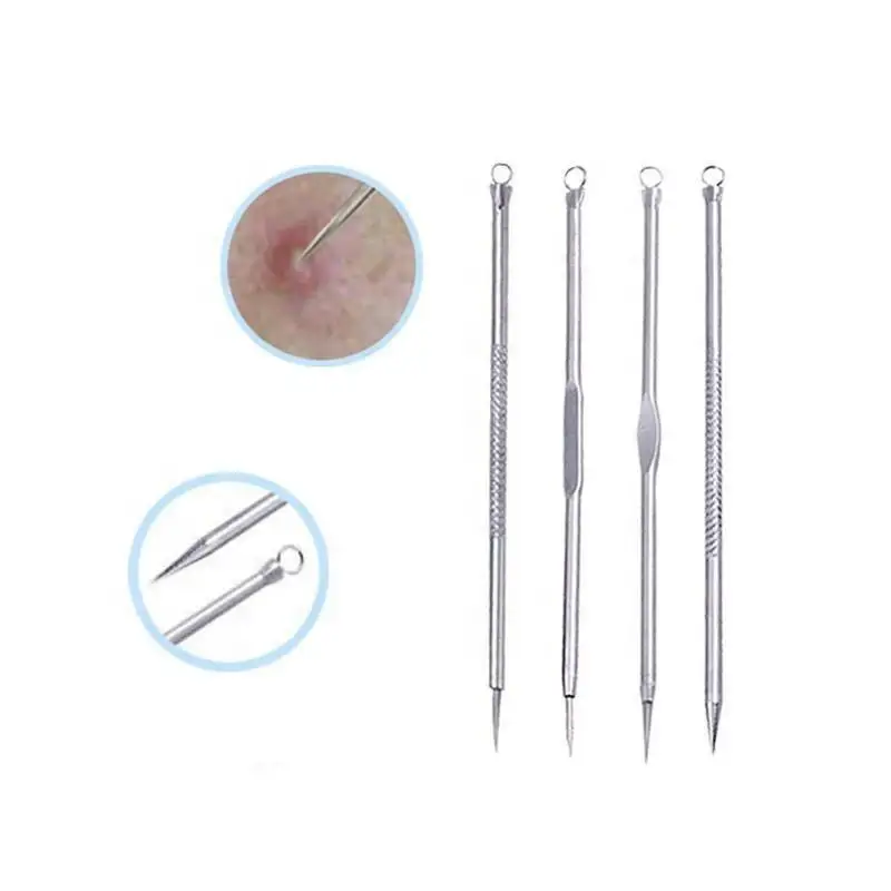 Whitehead Blackhead Removal Tools Stainless Steel Comdone Lancet Needles Set of 4 Pcs Double-Headed Acne Extractor Tool Kit