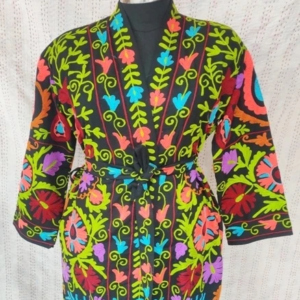 Indian Handmade Embroidered Suzani Kimono Style Coat Cotton Kimono hand embroidered short jacket Winter Coat Bohemian Jacket