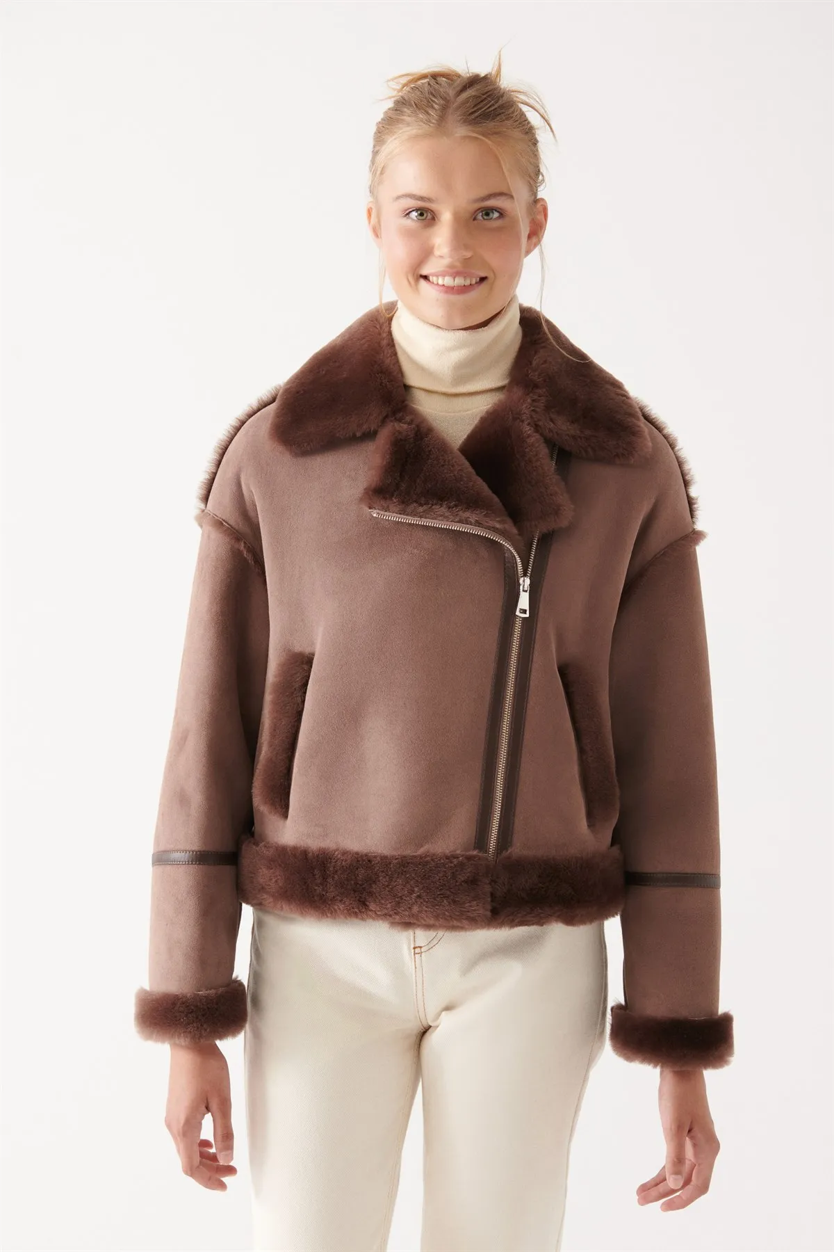 2023 Fashion Women Fashion Sheepskin Suede Leather Shearling Jacket Real Leather Biker Jacket Thick Genuine Leather Women Jacket