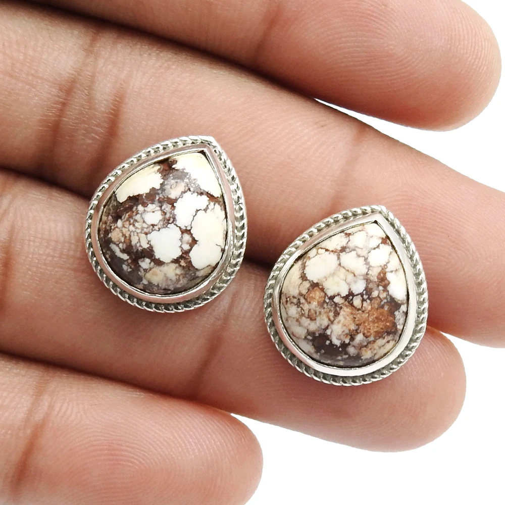 Drop Shape Wild Horse Jasper Bezel Set 925 Sterling Silver Minimalist Design Precious Gemstone Stud Earring Jewelry For Women