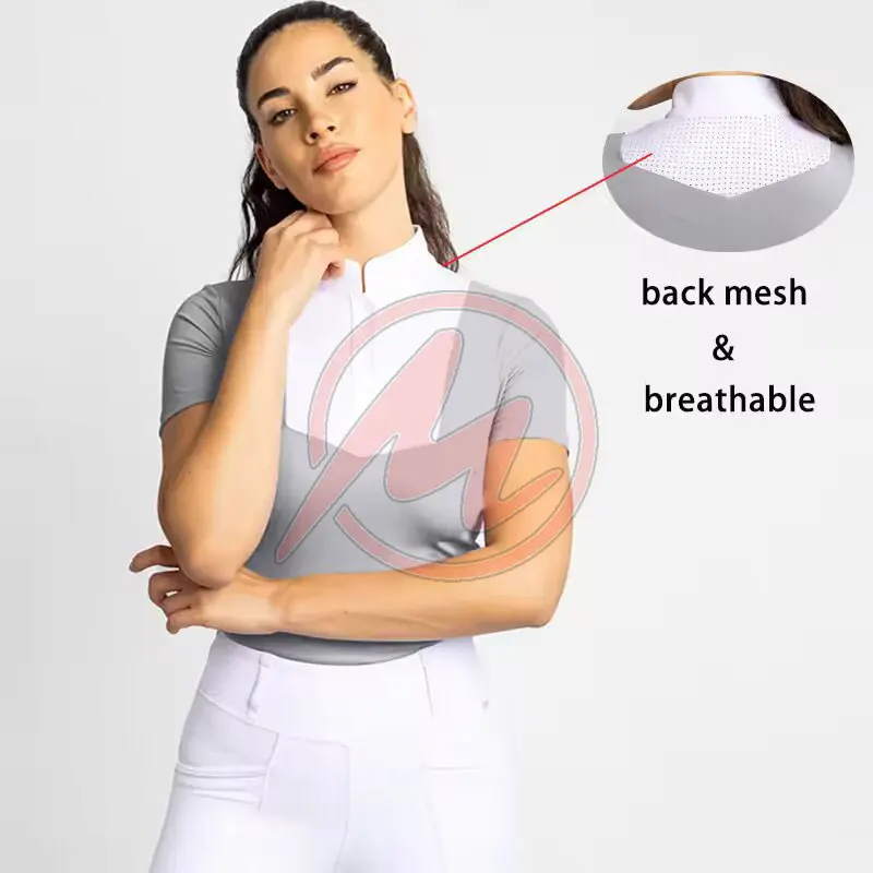 New Spring White Mesh Women Equestrian Base Layer Shirts Short Sleeve Horse Riding Shirts Competition Equestrian Polo Shirts