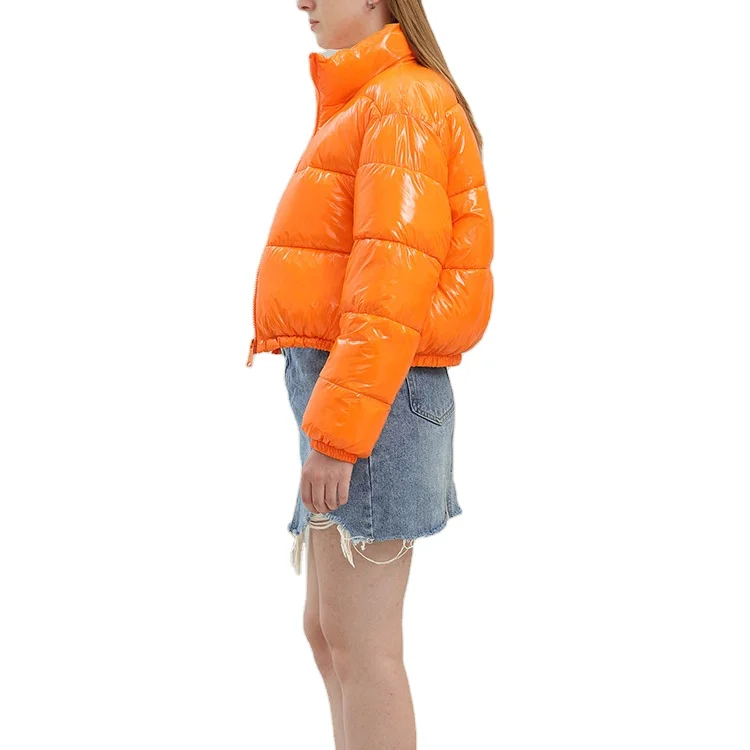 Wholesale Orange Womens Bomber Jacket Shiny Winter Short Bubble Jacket Custom Puffer Jacket for Women 2022