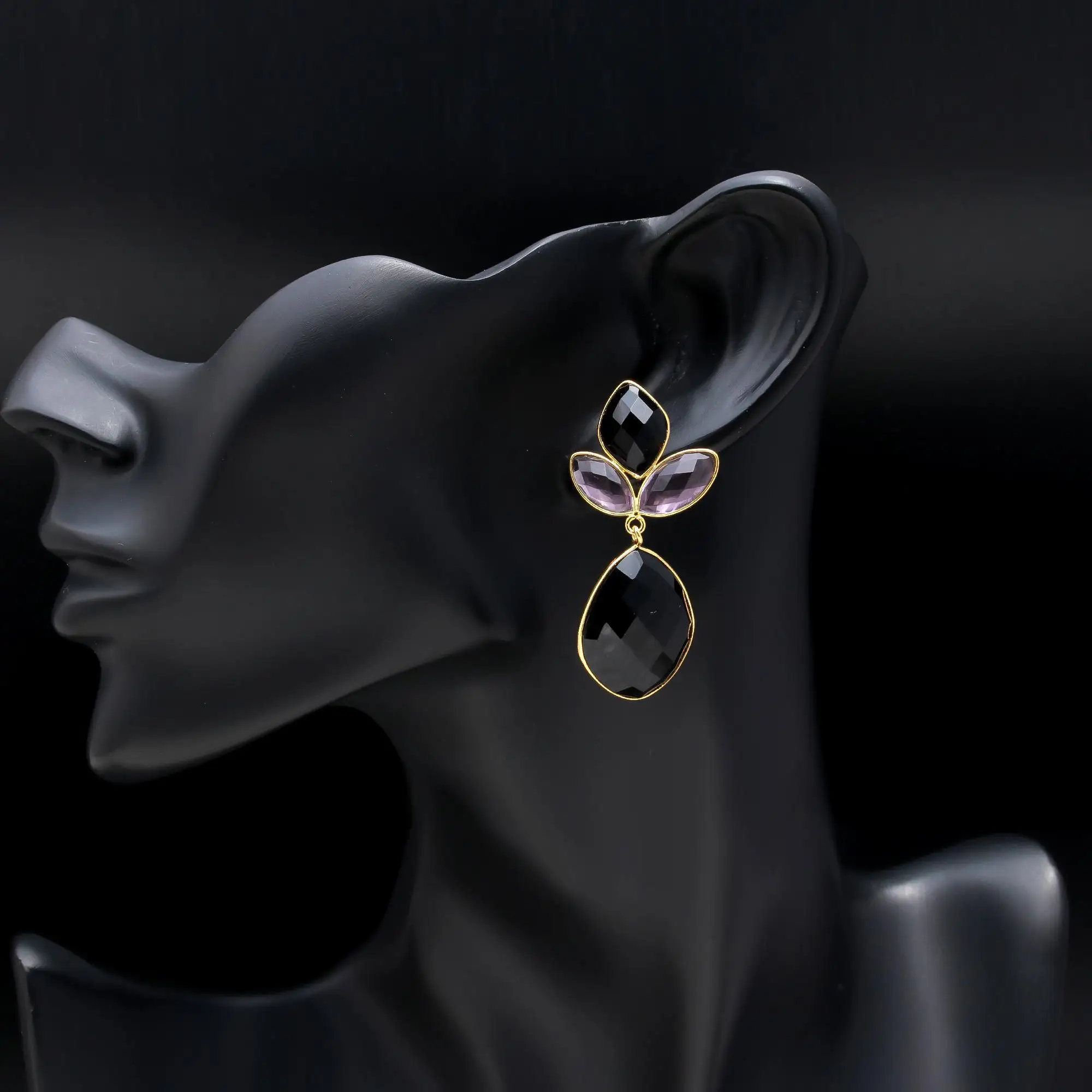 Black Onyx Pink Quartz Cut Gemstone Earring Gold Plated Stud Earrings Handmade Earring Jewelry Party Wear Jewelry Gift For Her