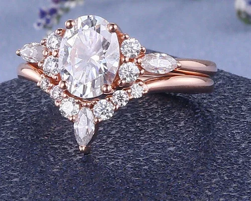 1 CT Oval Cut Rose Gold 925 Sterling Silver Moissanite Diamond Studded Bridal Promise Ring Set for Sale