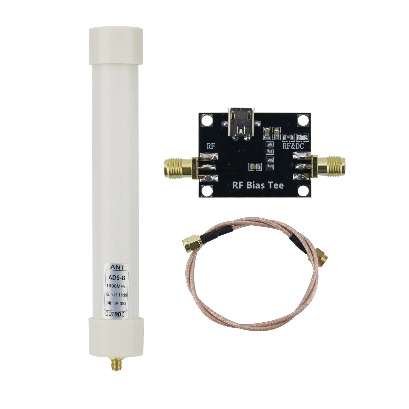 ADS-B 1090MHz Active Antenna DC5V Bias Tee Terminal Block Power Supply High Gain RF Receiving Antenna with S M A Female