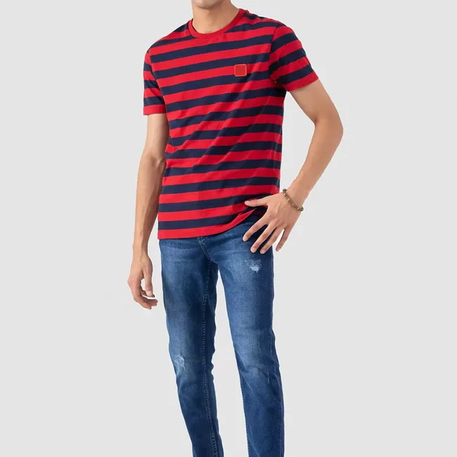 Trending Stylish 100% Cotton Striped Designer Knitted Casual Oversize Unisex Mens O Neck Striped t-Shirt Men Clothing