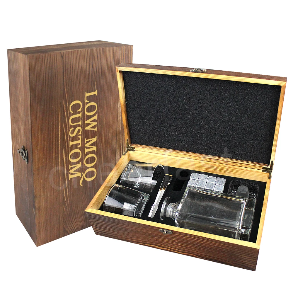 Great Present Idea Gift Set Whiskey Decanter With Velvet Bag And Ice Tong Exquisite Wooden Box Reusable Whiskey Ice Stones