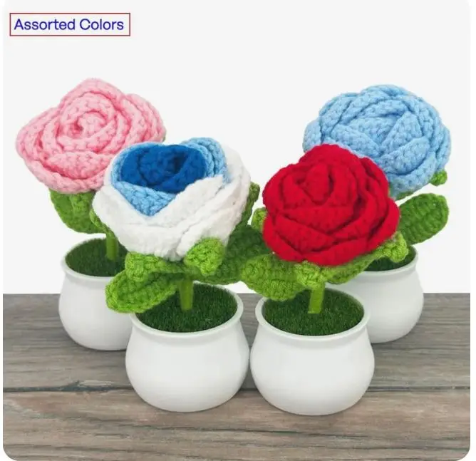 Colorful Crochet Roses in Pot - Assorted Colors Available in best Price