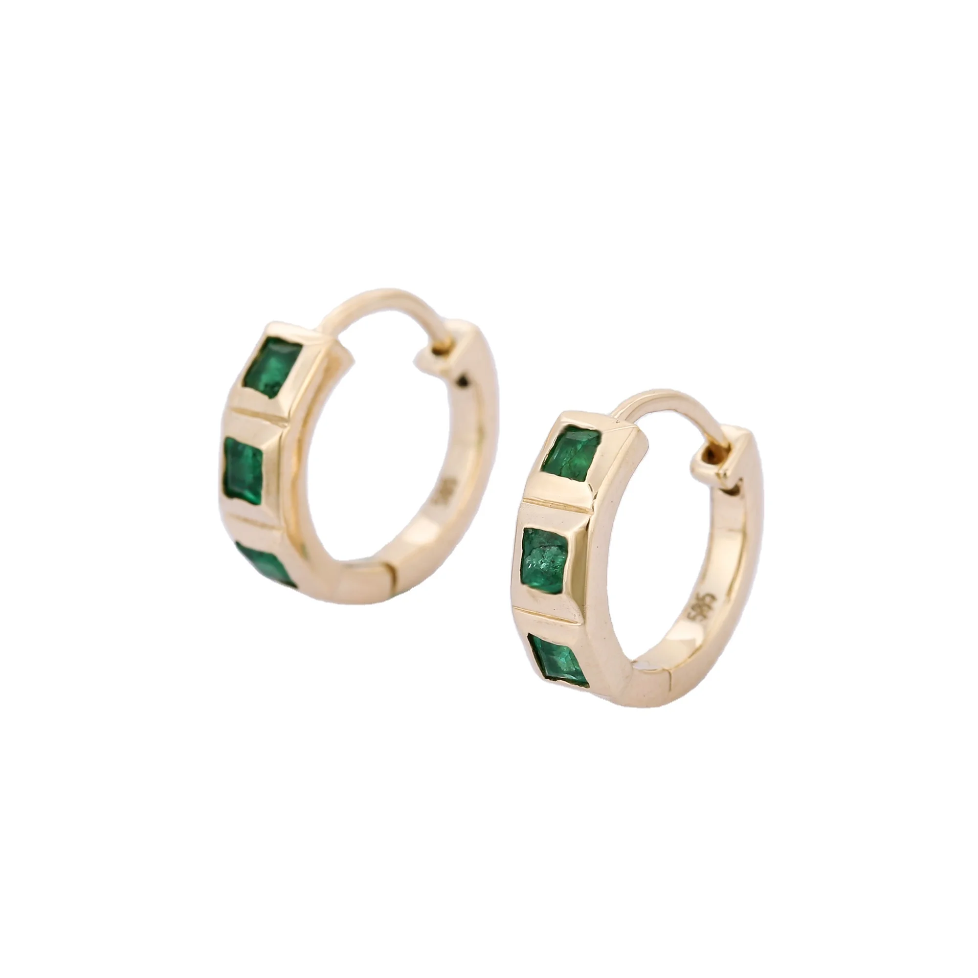 Fine Jewelry Natural Precious Square Emerald Gemstone Hoop Earring 14k Solid Gold Earring Handmade Customize Jewelry For Women