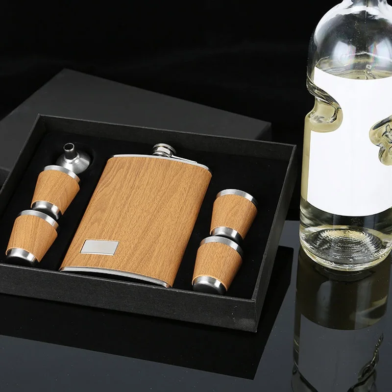 Custom Logo Embossed Whiskey Glass Set Personalized Engraved Color Bamboo Wooden Hip Flask