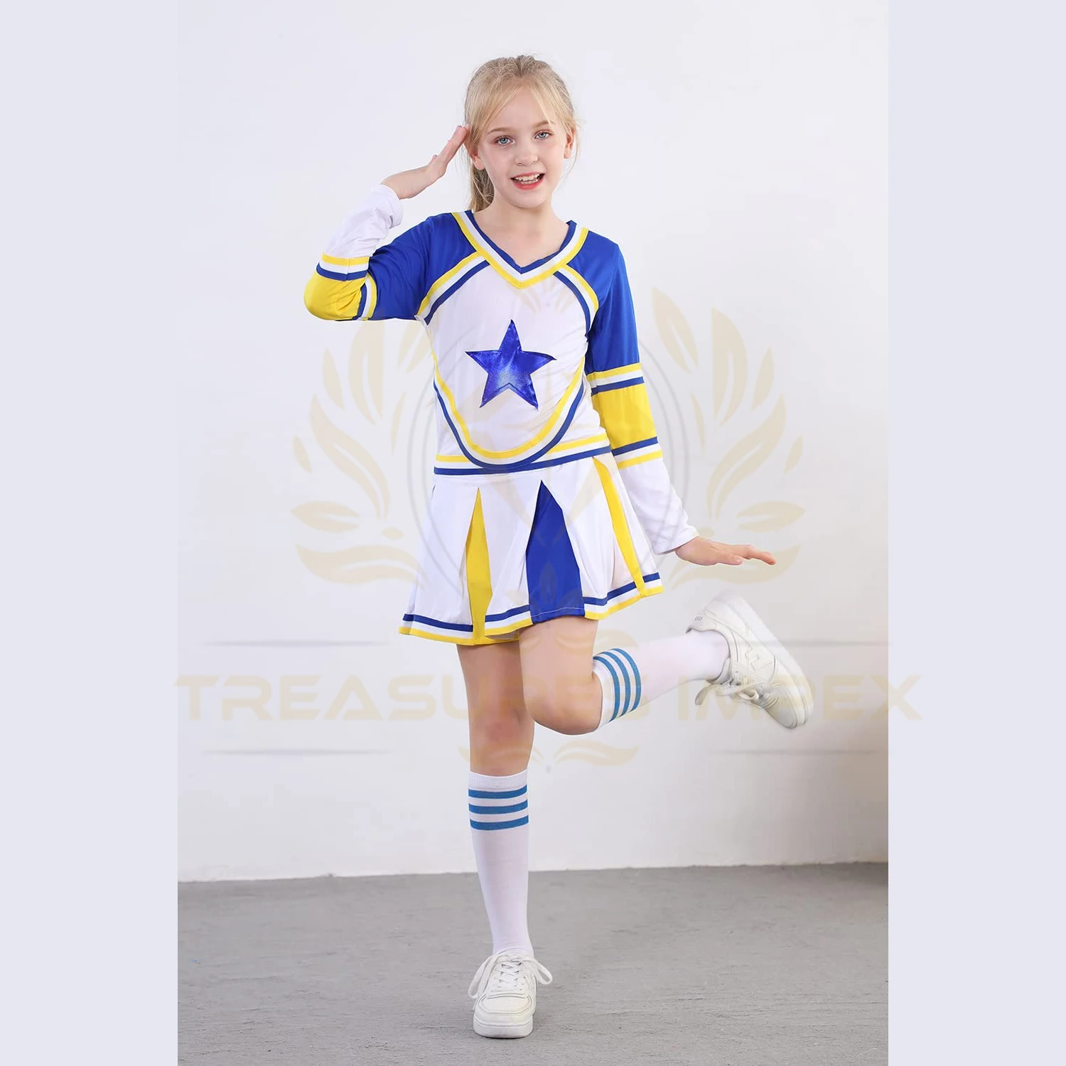 Sport Wear Custom Sports Uniform Wholesale Price Costume For Girls Cheerleading Uniform Dress Outfit With Stockings 2 Pom Pom