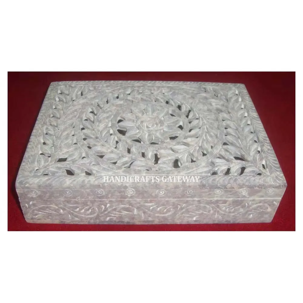 Handmade Rectangular Shape Natural Soapstone Jewelry Carving Box Beautiful Carved Glossy Customize Designed For Buyers