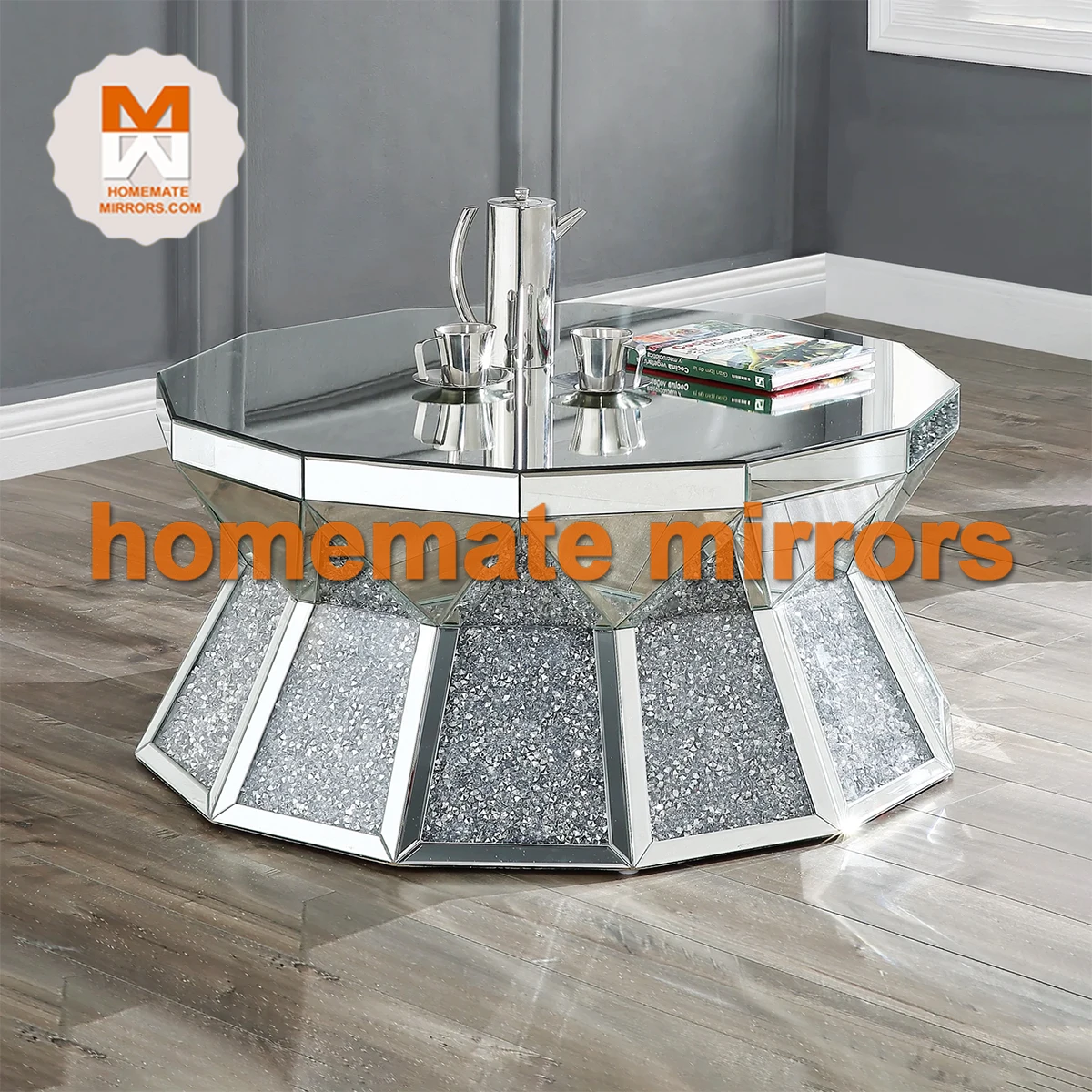 Popular Unique Oversized Faceted Prism Mirror Coffee Table and End Tables