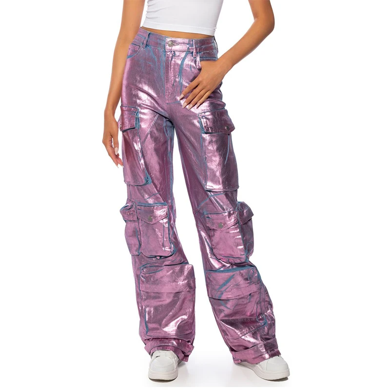 LA ISLA METALLIC CARGO JEANS IN PINK High Waisted Flap Pocket Cargo Jeans  Baggy Boyfriend Trousers pants for women