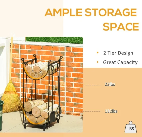 Firewood Log Rack with Tools, Fireplace Wood Storage Holder with Shovel, Broom, Poker, Tongs and Hooks  BY KSN